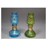 Pair Of Miniature Glass Oil Lamps, Green And Blue