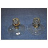 2- Depression Glass Candle Sticks, One Cracked.