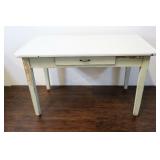 White Enamel Top Table, Light Green Painted Wood,