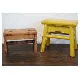 Two Small Stools, Wood 10", Yellow 13.5"