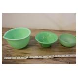 3 Vintage Glass Green Bowls, 2 Chips, 1 Fireking,