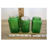 Green Ribbed Glass Shaker Set, 2 Lids, Owens Illin