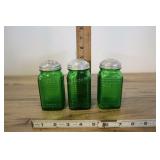 3 Green Ribbed Glass Shakers, 1 Cracked, 3 Lids.