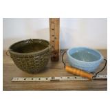 Two Ceramic Glazed Planters, Green And Blue