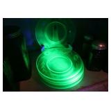 5 Cut Green Uranium Glass Plates, Floral Pattern,7