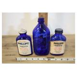 3 Phillips Blue Glass Bottles,