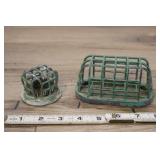 2 Vintage Green Metal Flower Frogs, Baskets.