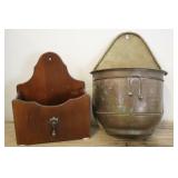 Pair Vintage Wall Pockets, Wood And Brass