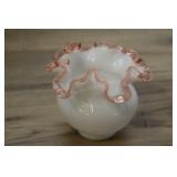 Milk Glass Vase, Clear Pink Glass Ruffled Rim 4"h