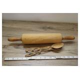 Wooden Rolling Pin And Two Carved Wooden Spoons