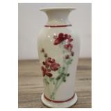 Porcelain Vase With Flowers And Red Stripes.