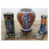 Blue, Gold, Yellow Pottery Vases & Miniature Tiles