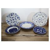 Vtg Blue & White Plates & Bowls, Flow Blue