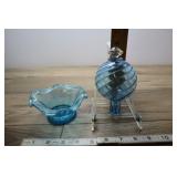 Blown Blue Glass Ornament And Wavy Rim Nappy Bowl