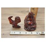 Carved Wood Figurines, Rooster And Buddha