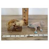 Feathered Hen And Wooden Lizard Figurines