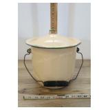 Green Rim Enamelware Large Lidded Pot 10"h