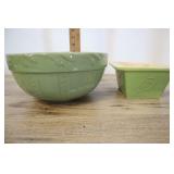Pair Of Green Ceramics, Mixing Bowl, Serving Dish
