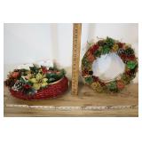 Red Basket With Plastic Decor And Wreath.