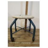 Vtg Blue Stool With Composite Seat, Casters,14x14"