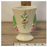 Vtg Usa Pottery Vase Cream, Green And Pink,4x5"t
