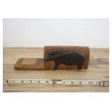 Folk Art Wooden Carved Hog Inkwell Holder,10"l
