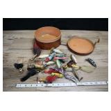 Round Leather Reel Box Holder Full Of Vtg. Lures.