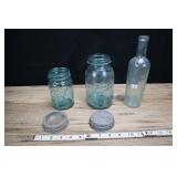 2 Green Glass Ball Jars/lids And Bottle