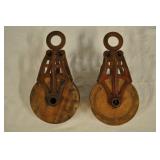 Pair Of Antique Wood Block Hay Trolley Pulleys