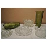 Glassware Lot- Vintage Green Glass, Candy Dishes +