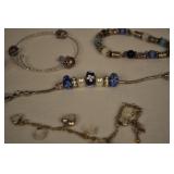6 Bracelets - Blue Glass Beads, Hearts, Charms