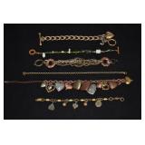 6 Bracelets - Heart Charms, Green & Brass Beads