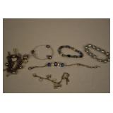 6 Bracelets - Blue Glass Beads, Hearts, Charms