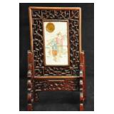 Chinese Porcelain And Carved Rosewood Table Scrn