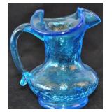 Blue Crackle Vintage Glass Pitcher Wavy Top 4"