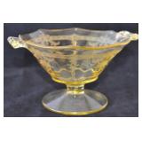 Vintage Canary Etched Glass Bowl Floral Motif