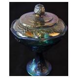 Indiana Blue Carnival Glass Covered Cracker Jar