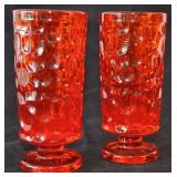 Pair Vintage Drinking Glasses Red Orange Wavy Ptrn