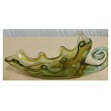 Vtg Blown Glass Cornucopia Green Glass Amber Swirl