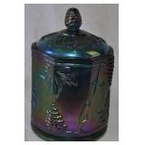 Indiana Blue Carnival Glass Covered Cracker Jar