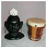 Ceramic African Head And Lap Drum. Drum Cracked.