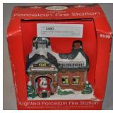 Lighted Porcelain Village Fire Station In Box