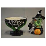 Ceramic Halloween Candy Dish / Bowl & Green Witch