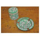 Green Cloisonne Ashtray And Lidded Jar.