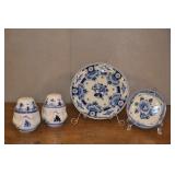 Vintage Blue Delft 2 Plates, Salt And Pepper Shkrs