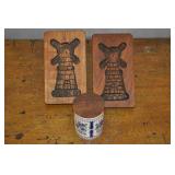 2 Windmill Carvings & Vintage Blue Delft Crock