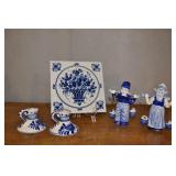 Blue Delft Tile, Figurines, Candle Holders.
