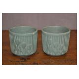 Pair Of Green Vases Tulip Motif, 4.5x5 Inches.