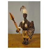 Wooden Hunter With Spear And Shield. 13 Inches.