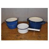 3 Vintage Enamelware Planters, 2 Blue 1 White